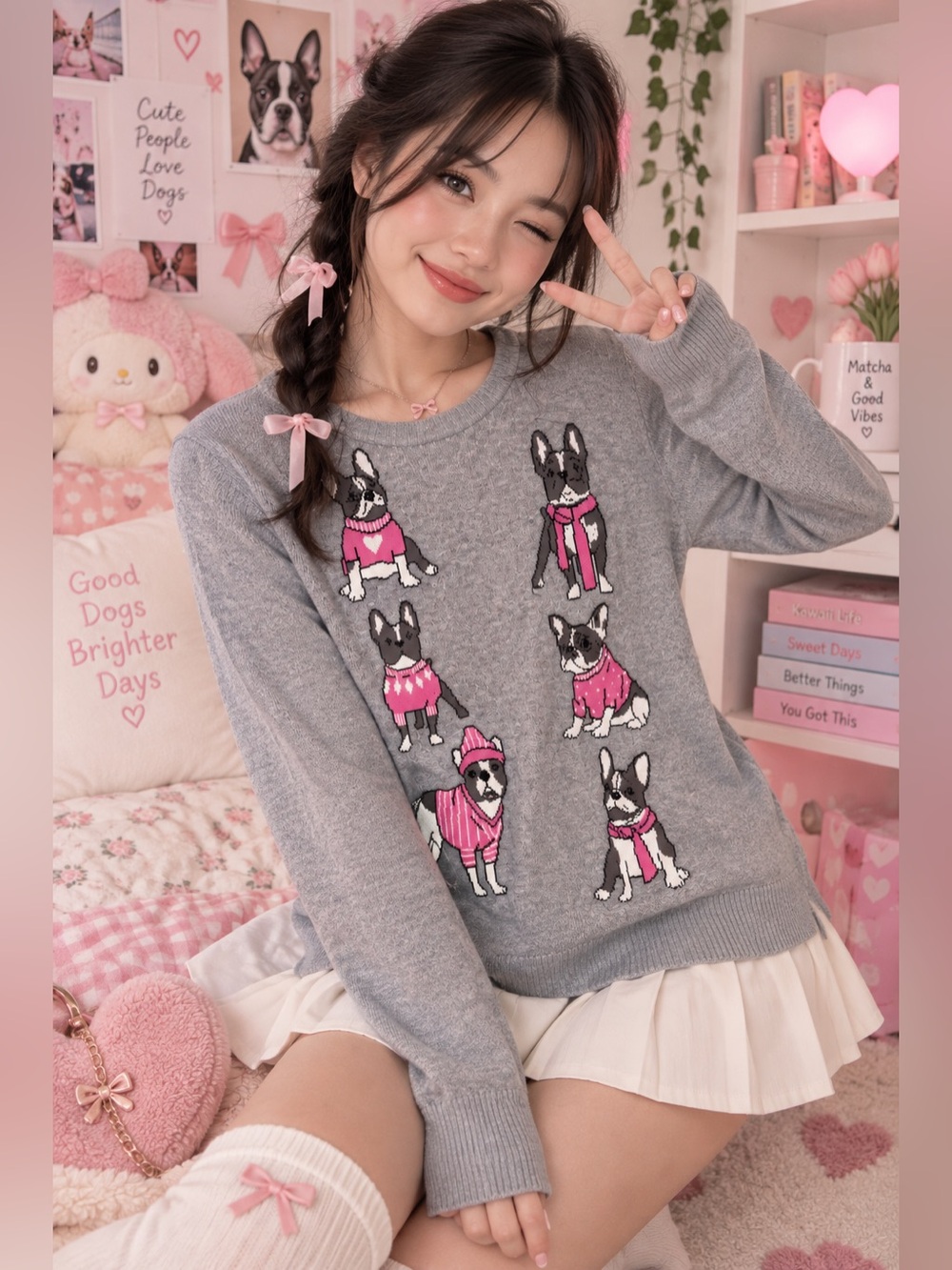 Kawaii Astrologie Small Boston Terrier Dog Sweater Gray Pink Novelty Knit